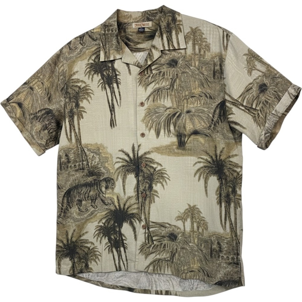 Tommy Bahama Silk Camp Shirt Men XL Tiger Jungle Palm Tree Safari Hawaiian Aloha